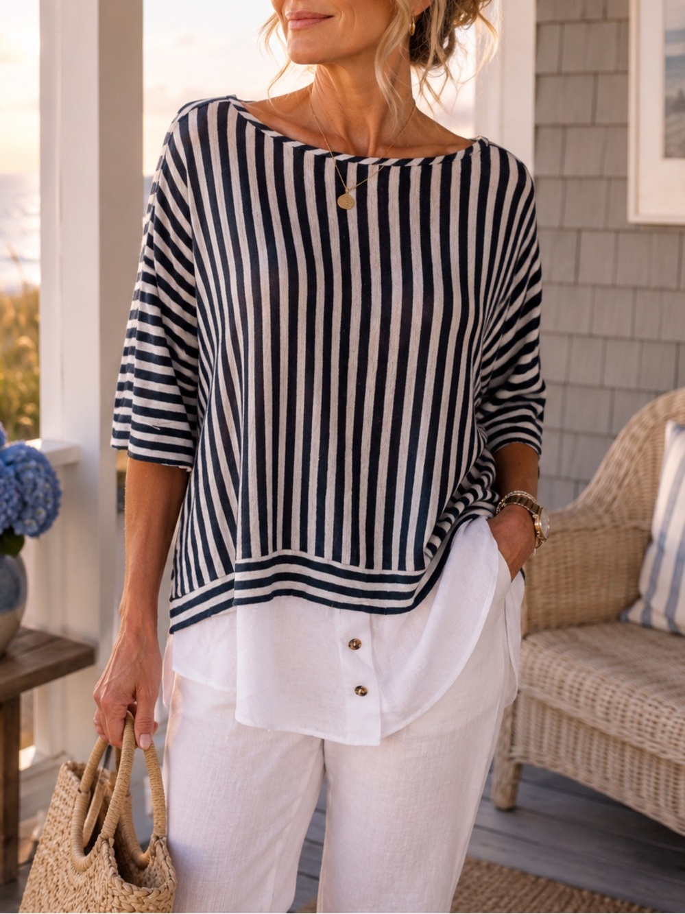 Coin 1804 Navy Blue White Striped Layered Tunic Top 2X Coastal Grandma USA Made